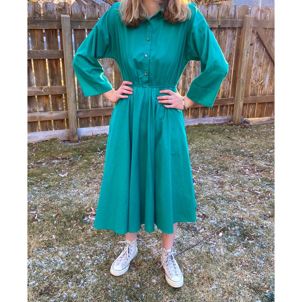 Vintage Teal Green Long Sleeve Shirt Dress